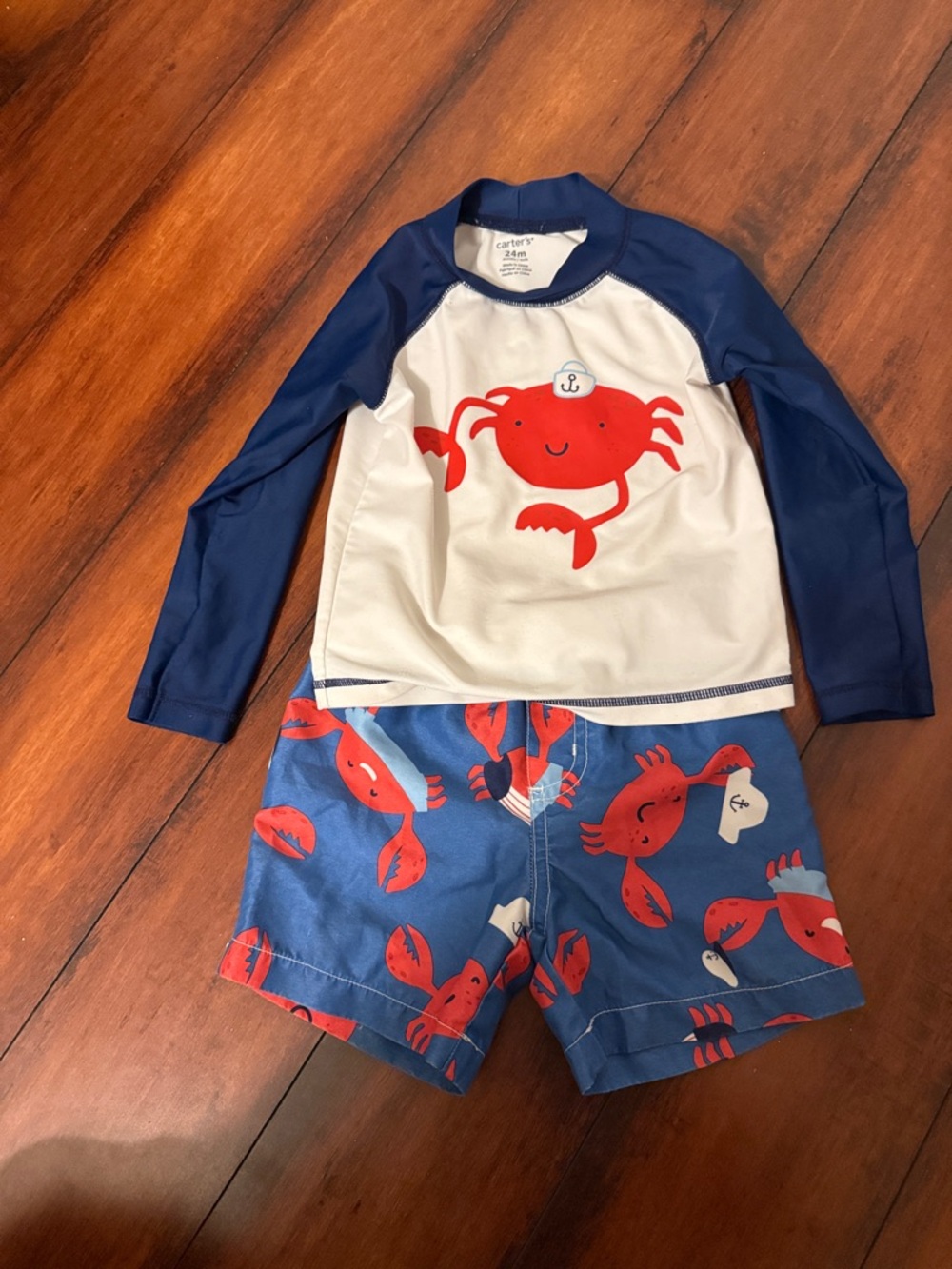 Carter's Navy & White Rash Guard Set with Red Crab Print